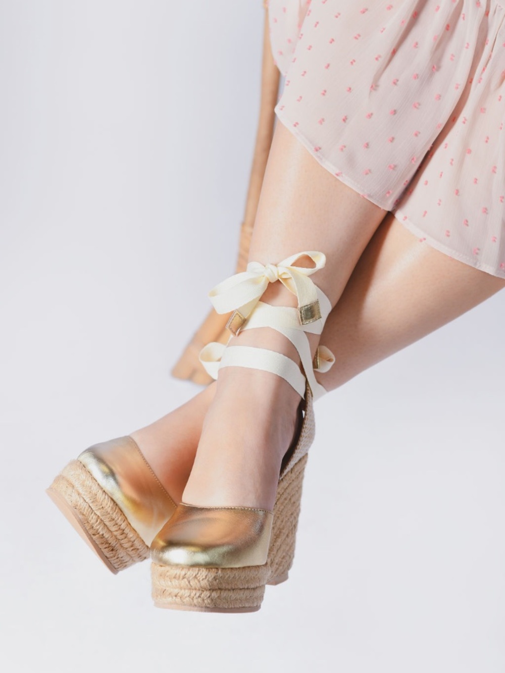 Elegant Vivalia Designs espadrille wedges featuring a beautiful metallic gold le